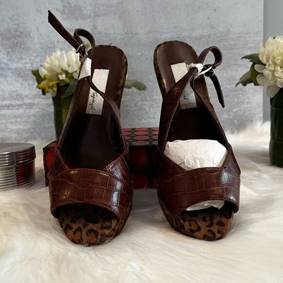 NEW RARE Spiegel Leather Platform Slingback Wedges Chocolate Leopard Sz 5.5 NWP - Picture 7 of 16